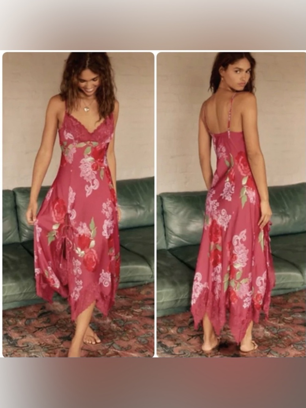 Free People Rose-Pink Floral Lace-Trim Slip Maxi Dress